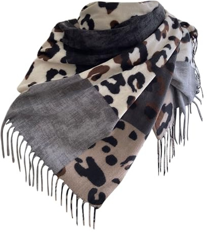 Generisch Schal Leopardenmuster Damen Deckenschal Leichter Scarf Halstuch mit Quasten Warm Winterschal Weich Strickschal Halstücher Mode Wollschal Damenschal