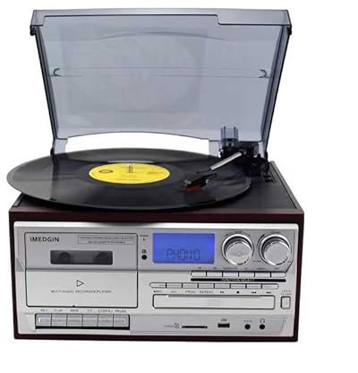Retro Bluetooth Record Player with Built-in Speakers, 3 Speed Turntable, CD & Cassette Player - Less Noise, Frosted Dust Cover - for Entertainment