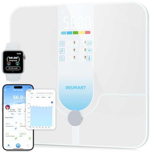INSMART Personenwaage Körperfettwaage mit großem Display,mit APP/Bluetooth/Vollflächensensor,körperwaage die 18 Messdaten analysiert, BMI, Gewicht, Körperfett, Herzfrequenz, Muskelmasse.