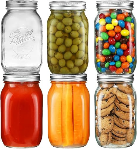LATERN 6Pcs 32oz Wide Mouth Mason Jars, 960ml Printed Glass Jars Leakproof Mason Glass Jar with Airtight Lid and Band for Preserving Jam Honey Jelly Sauces Meal Prep Overnight Oats Salad Yogurt