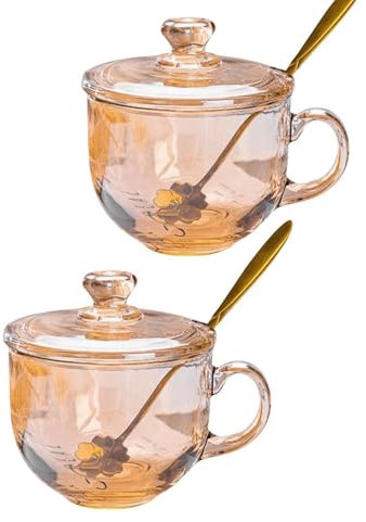 Tazze da caffè in vetro con coperchio, tazze da caffè trasparenti con cucchiaio, set di bicchieri per bar, 425,2 g, bicchiere per cappuccino, bevande calde e fredde, beige, 2 pezzi