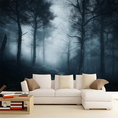 Papier peint panoramique Forêt brumeuse sombre peint mural pour salon 300 x 210 cm Décoration murale moderne –décorative pour chambre salon Design unique et moderne Noir