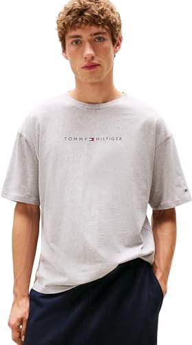 Tommy Hilfiger Camiseta de Manga Corta Hombre Logo con Cuello Redondo, Gris (Light Grey Heather), L