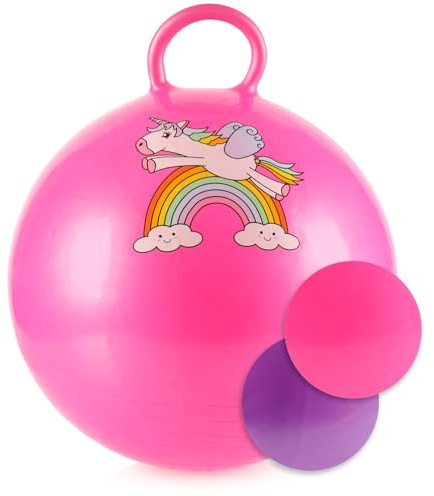 com-four® Hüpfball mit Einhorn-Motiv Ø 43 cm - Aufblasbarer Sprungball mit Griff für Kinder - Hopper Ball für drinnen & draußen [Auswahl variiert] (1 Stück - Einhorn bunt)