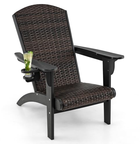 COSTWAY Adirondack Stuhl mit Getränkehalter, Adirondack Chair aus HDPE und Rattan, Gartensessel mit gepolstertem Sitz und Rückenlehne, für Garten, Terrasse (Schwarz + Braun gemischt)