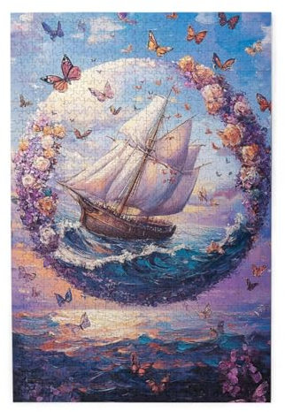 Cafemira Wooden Jigsaw Puzzle 1000 Piece for Adult,Floating Floral Sphere Butterflies and Blossoms on Ocean Surface,Exercise Hands on Skills and Thinking,Ideal for Relaxation and Family Fun