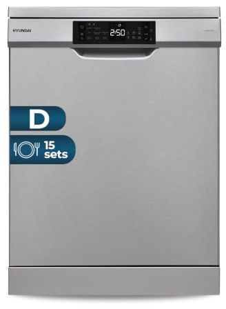 Hyundai Lavavajillas 60cm Inox HJ15600DDX. 100W, 15 Cubiertos, 3 Bandejas, 8 Programas, Display LED manual, Función Stop&Go, Eficiencia Energética Clase D
