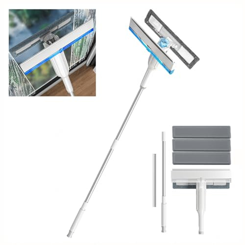 4 in 1 Spruzzo Lavavetri con Raccoglitore Acque Nere E 3 Panni, Spolverino Telescopico con Asta di Prolunga Pulivetro per Finestre Alte Interno/Esterno