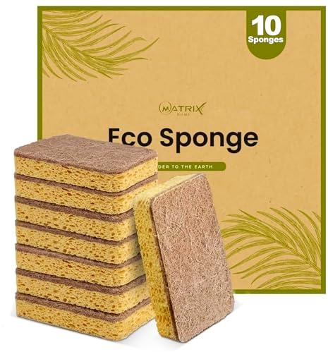 MATRIX 10 Pack Eco Sponge Washing up Compostable Kitchen Dish Sponge with Heavy Duty Scouring Pad - Cellulose 100% Biodegradable Washing Up Scrubber Sponges for Dishes Cleaning