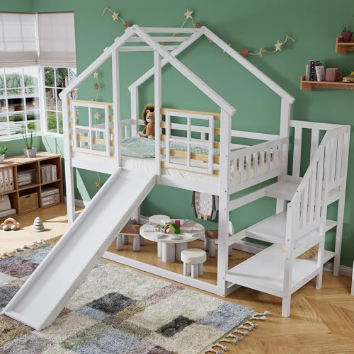 Mielvu Letto a castello, letto in legno con scala e griglia, con scivolo e finestra, letto per bambini con protezione anticaduta, telaio in legno massiccio, bianco (90 x 200 cm)