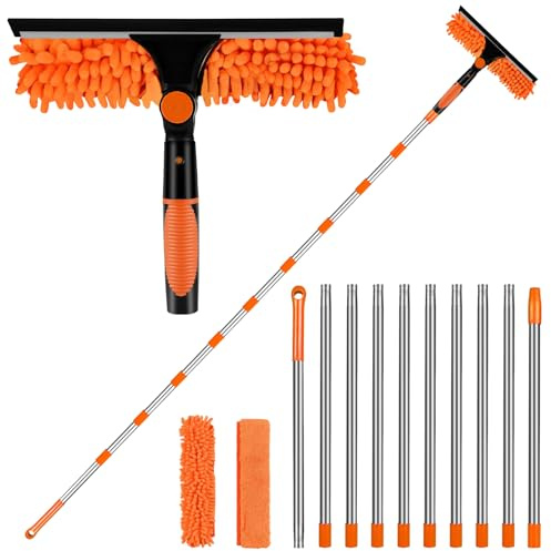 Fensterwischer Teleskop 4.5m,2 in 1 Profi Extra Lange für Hohe Fenster | Fensterreiniger mit Langem Griff, 180° Drehbarer Kopf Fensterwischer Abzieher Set für Hohe Fenster Glas Fenster Putzen Orange