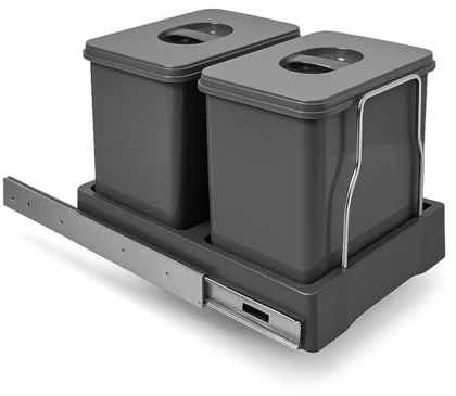 Abfallsammler Auszug 2fach | 2×15 L Einbau Mülleimer für Küchenunterschrank | Mülltrennung als Vollauszug montiert | Abfalltrennsystem in Kunststoff Oriongrau | Schrank-Abfallsystem 24 L (2x 12 Liter)