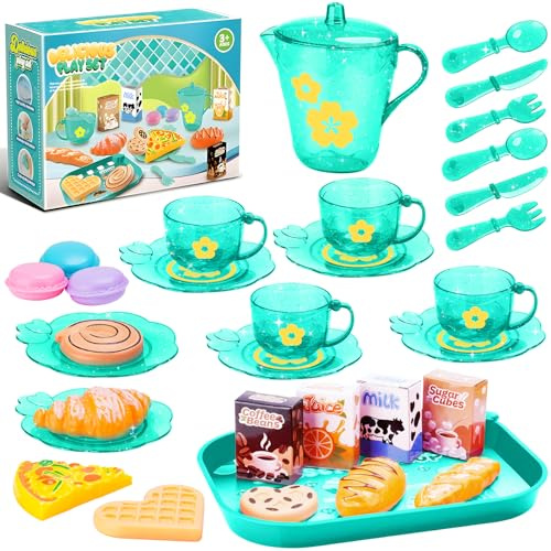 Juego de 33 piezas de fiesta de té verde menta para niños, mini juguetes de cocina y postre, accesorios de juego sin BPA con tetera, tazas, platos, macarons, regalo para niñas y niños a partir de 3