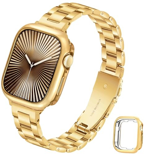 G-ficu Slim Metal Straps with Protective Cover for Apple Watch Straps Women 44mm 45mm 42mm 41mm 40mm 38mm, Thin Stainless Steel Band with Case, iWatch Strap for Apple Watch Series SE 9 8 7 6 5 4 Strap