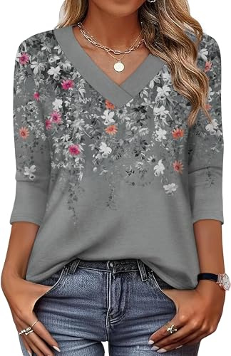 Aokosor Womens 3/4 Sleeve Tops Ladies Blouses V Neck Fashion T Shirts UK Loose Fit Office Wear Flowy Tunic Grey Flower Size 14-16