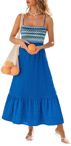 CUPSHE Vestido largo bohemio para mujer, fruncido, tirantes delgados, escalonado, con volantes, playa, vacaciones, verano, salida de baño