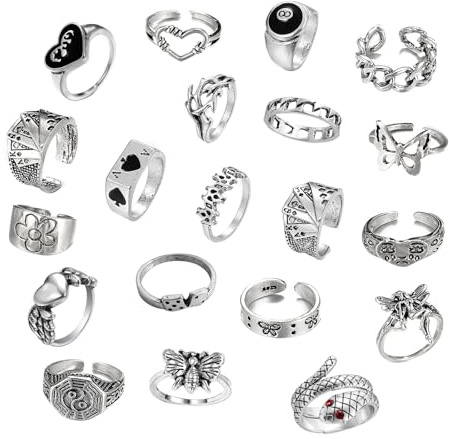 JENCVNL 20 Stück Vintage Silber Knuckle Rings Set für Frauen Mädchen Gothic Stapelbare Fingerringe Retro Emo Ring Schlange Schädel Schmetterling Herz Blume Gothic Rings (Silber Set 3)