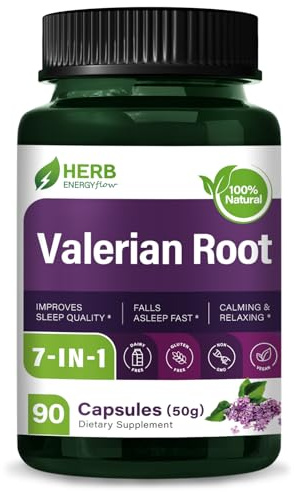 HERBENENERGYflow Valerian Root Powder Capsules, 7-in-1 Herbal Formula with Passion Flower & Chamomile, Plant-Based Capsules, Easy-to-Take Daily Herbal Blend, 90 Count.