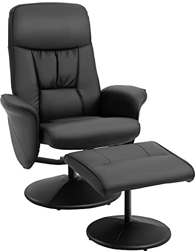 HOMCOM Poltrona Relax Girevole 360° con Pouf Poggiapiedi, Poltrona Reclinabile 145° Imbottita con Schienale Alto, Braccioli Svasati, in Finta Pelle, per Camera, Salotto, Soggiorno, Ufficio, Nero