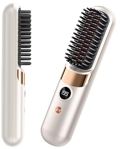 HRYYDS Go Brush Pro UK Cordless Hair Straightener Brush, Cream White