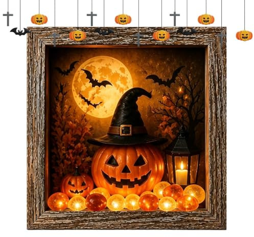 Beleuchtete Halloween-Erinnerungsbox Rustikales Holz Beleuchtet Leuchtend | LED Erinnerungsbox Mit Holzrahmen Und Steinen Für Schlafzimmer, Büro, Flur, , , Tischplatte, Schreibtisch