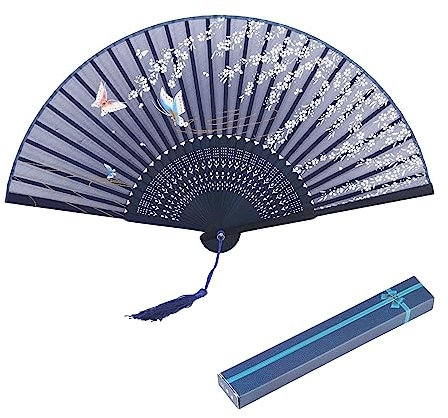 KAKOO Japanischer Handfächer mit Geschenkbox Schmetterling und Blütenkirsche Stofffächer Fächer Wandfächer Hochzeit Party Karneval Blau (Blau-Schmetterling und Blütenkirsche)