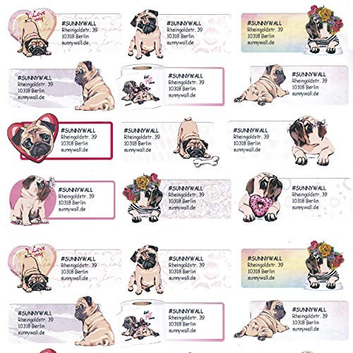 Mops pug Hund Adress-Etiketten - Adress-Aufkleber Sticker mit Ihrem Wunschtext 53x 21mm, für 1 bis 5 Zeilen Text (48 Stück (2 x A4 Bogen))