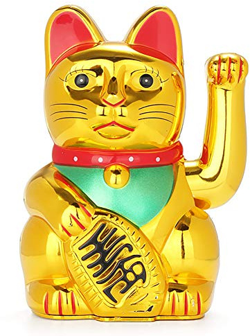 FIOTOK Maneki Neko, Lucky Fortune Cat, Japanese Lucky Cat with Waving Arm Gold Battery Operated(Battery Cover Included)
