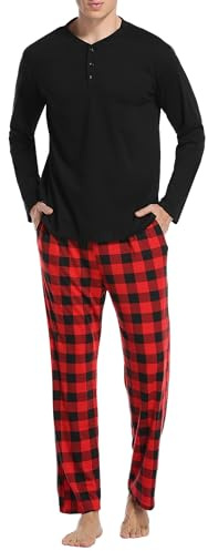 Vlazom Ensemble Pyjama Homme Hiver Col Rond - Haut à Manches Longues et Pantalon à Carreaux