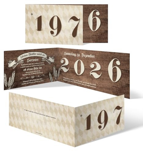 10-100x Individuelle 50. Geburtstag Einladungskarten 2026 Klappkarten DIN Lang (210x98mm) - Bayerisches Holz