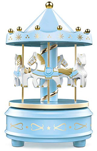 Carillon Meccanico Giostra Cavalli Blu con Musica Für Elise, Luci LED RGB Colorate, Senza Batterie, Regalo Bambina Neonato, Cake Topper Festa Compleanno, Decorazione Cameretta, Arredo Casa Vintage