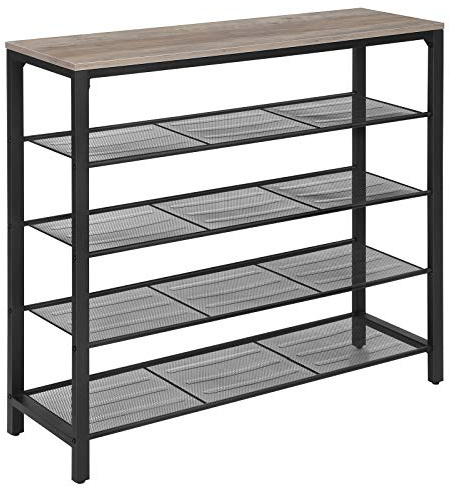 VASAGLE Skorack, skoförvaring med 4 meshhyllor och stor yta för väskor, skoorganisator för hall, garderob, vardagsrum, 100 x 30 x 92,5 cm, industriell, Greige och svart LBS015B02