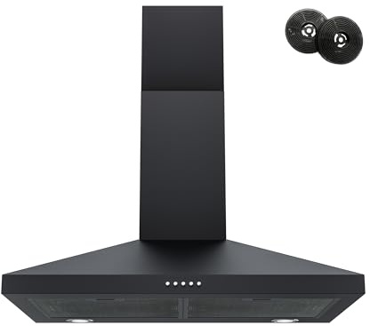 FIREGAS Black Range Hood 30 Inch, Wall Mount Kitchen Hood Ducted/Ductless Convertible, 450 CFM, 3-Speed Exhaust Fan, Stainless Steel Stove Vent for Kitchen with LED Lights, Charcoal Filters