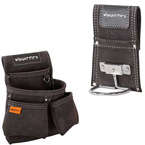 WrightFits Leather Double Nail Pocket Tool Work & Multi Pocket Pouch Organiser Hammer Holder (2 in 1) | For Builders, Carpenters, Gardeners, Electricians