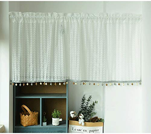 Yaland Jacquard Scheibengardine mit Quasten Weiß 1 Stück HxB 50x100cm | Weiß mit Tunnelzug Halbvorhang mit Fischgrätenmuster Landhausstil für Regale, Schränke & Küchenfenster als Blickschutz