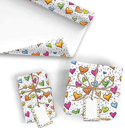 5x Geschenkpapier Motiv Herz - 5 große Bogen je 70 x 100 cm - verpackt als eine Rolle - inkl. Passende Geschenkanhänger - Umweltfreundliche Geschenkverpackung - Marke Neuser
