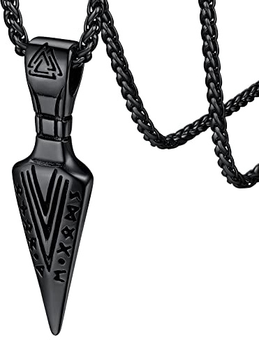 FaithHeart Collar Negro Vikingo punta de flecha Acero Inoxidable 316L collar hombre Nórdico Letras Runas Joyería Religiosa Mitología Trinidad Valknut