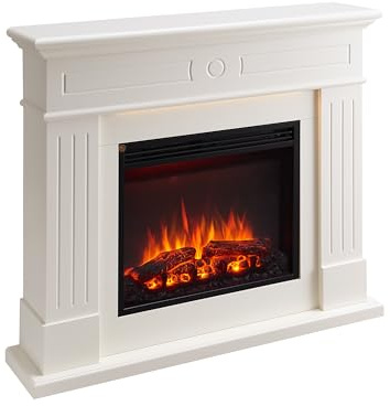 BALDERIA Leandros Elektrischer Kamin mit weißem Kaminsims | 3D-Flammeneffekt, Elektro Heizung 1000/2000W, LED-Beleuchtung, Fernbedienung, Timer, Startsteuerung, Thermostat