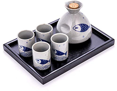 MXXHFC Ensemble de saké Japonais avec Plateau Ensemble de Tasses en Porcelaine à saké Tasses en céramique Traditionnelles Artisanat Ensemble de saké, Tasses à saké, Pot à saké et Plateau, Poisson s