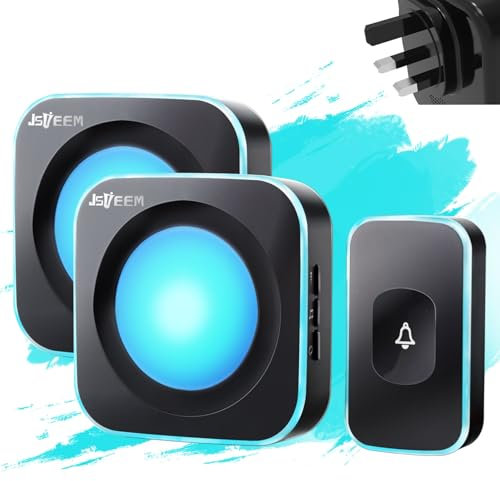 Wireless Doorbell Plug in Door Chimes & Wireless Doorbell Plug in Door Chimes & Bells 1200 feet Range with Flashing Light 4 Level Volume 36 Chimes Jsieem (1 Button & 2 Receivers Black)