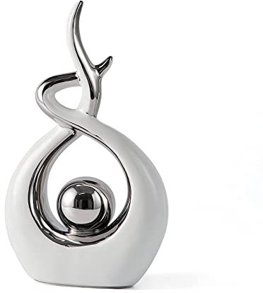LGYKUMEG Abstrakte Skulptur Deko Modern Wohnzimmer Flamme Statue,Keramik Deko Figuren Tischdekoration Wohnung Büro Schlafzimmer Flur fensterbank deko,Skulpturen Und Statuen 27cm hoch,Weiß und Silber
