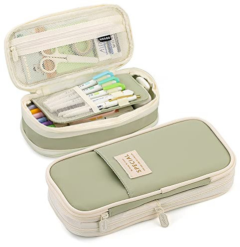 MAMUNU Expanderbart pennfodral med fack, pennskrin med stor kapacitet, påse, kontor, skola, barn, vuxna, bärbart, skrivmaterial, organisatör, smink, kosmetiska, väska, grön
