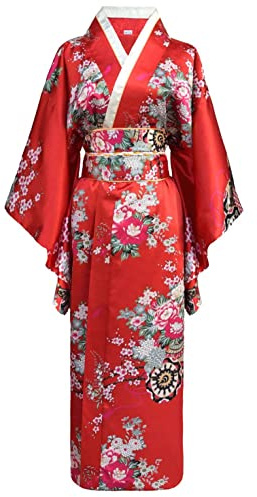 Buenamixyl Kimono japonés mujer Tradicional joven dama Yukata con traje cosplay bata de satén, rojo, M