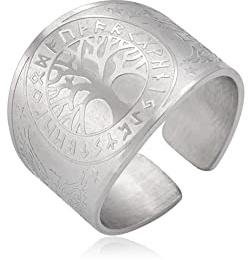 Amaxer Wikinger Rabe Kompass Vegvisir Ring für Männer Baum des Lebens Futhark Runen Scandinavn Odin Symbol nordische Mythologie Schutz Verstellbarer Ring Statement Band für Männer Frauen, Edelstahl