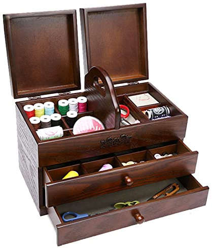 MITLOW Nähkästchen Aus Holz, Große Nähkörbe Mit 2 Schubladen, Nähwerkzeug-Organizer Mit Fach, Leicht Zu Tragen, Für Zuhause Und Zum Sticken (Leere Box)