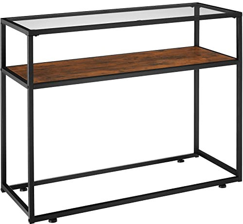 TecTake® Mueble Recibidor Estilo Industrial, Consola Auxiliar con 2 Estantes, Tablero de Cristal, Estructura de Acero, Madera Aglomerada, Mueble Entrada - Madera Industrial Oscura, Rústica