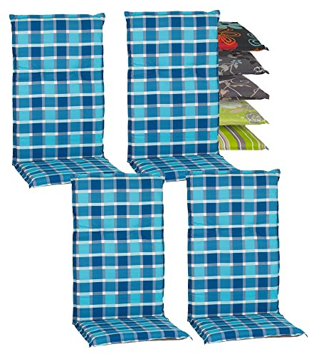 Beo Gartenstuhlauflagen Hochlehner 4er Set Barcelona | Made in EU nach Öko-Tex Standard | Hochlehner Auflagen waschbar | Atmungsaktive, UV-beständige Stuhlauflagen Hochlehner in Blau Kariert