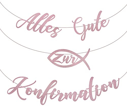 Oblique Unique Girlande Alles Gute zur Konfirmation mit Fisch-Motiven - Hängedeko für Mädchen - Konfirmationsdeko Banner 2,3 m Rosa Glitzer-Buchstaben