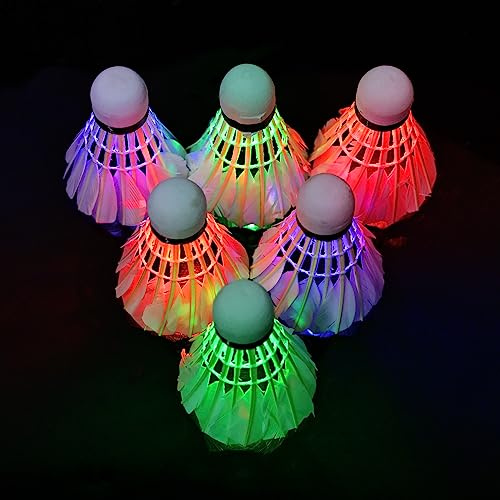 Mitening 6 Stücke LED Gänsefeder Federbälle, Badminton Bälle, Led Badminton Bälle, Beleuchtung Federball für Outdoor, LED Federbälle, Bälle Federball für Outdoor & Indoor (6)