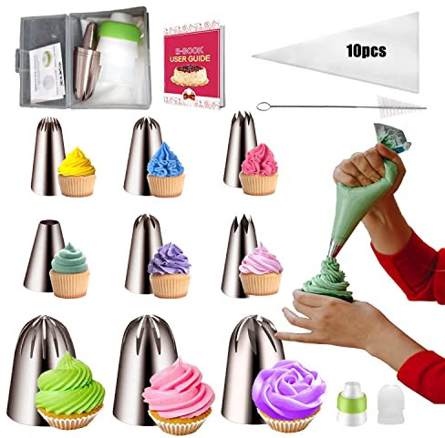 22 Stück Spritztüllen Set, 304 Edelstahl Groß Spritztüllen mit 10 Spritzbeutel, Spritzbeutel mit tüllen, 2 Kupplungen für Spritzbeutel, Backen Zubehör